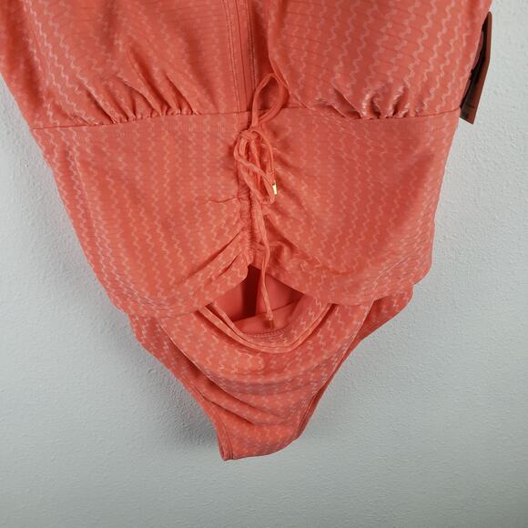 Terra & Sky Women's 1X Plunge Neck One Piece Swimsuit Orange Peach Zig Zag New - Picture 2 of 5